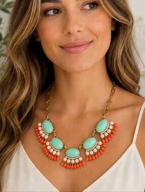 J.Crew Mint Green Coral Statement Bib Necklace 16" + 3" Extender